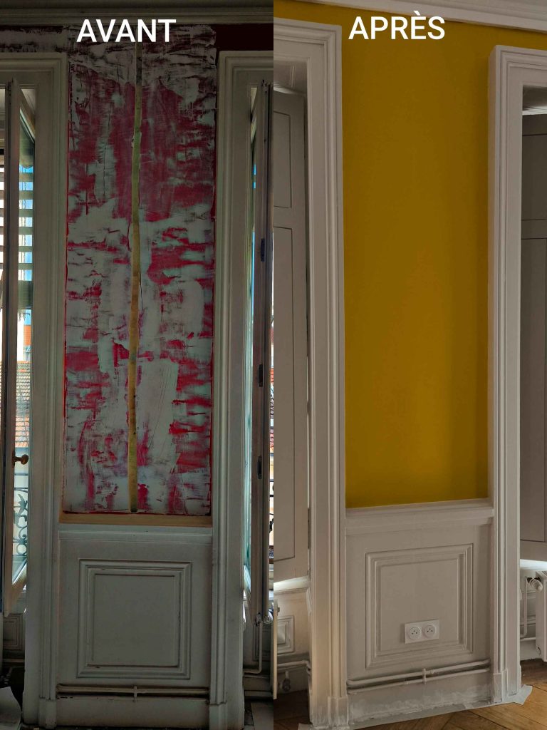 Dépannage électrique à Lyon 6 dans un appartement ancien avec hauts plafonds, parquet et moulures, création de saignée murale et installation de prise encastrée