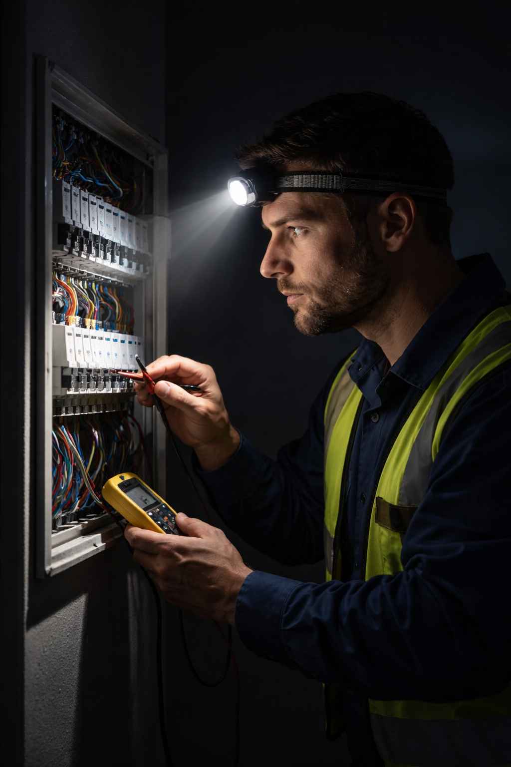 Électricien inspecte un tableau électrique pour un dépannage urgent à Villeurbanne