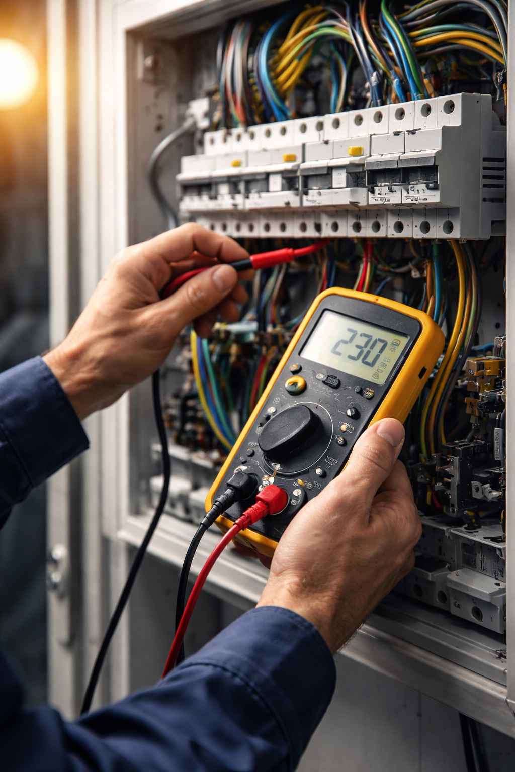 Électricien dépanne un tableau électrique avec un multimètre à Villeurbanne