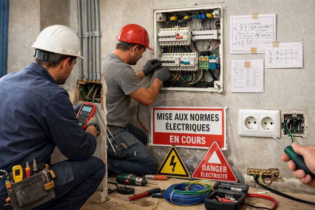 Électriciens effectuant une mise aux normes électriques dans un tableau à Lyon