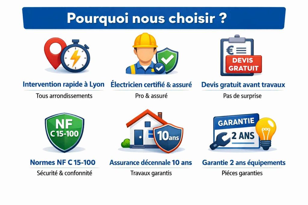 Pourquoi nous choisir : intervention rapide à Lyon, électricien certifié et assuré, devis gratuit, respect des normes NF C 15-100, assurance décennale 10 ans et garantie 2 ans sur équipements
