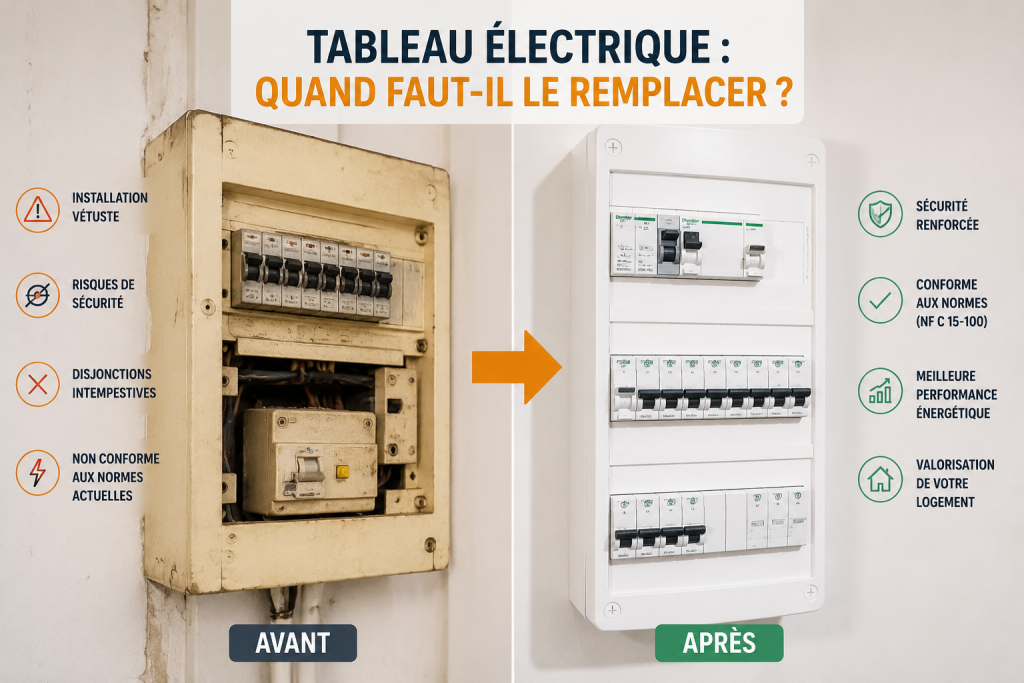 Tableau électrique ancien et moderne avant après – remplacement d’un tableau électrique vétuste pour mise aux normes et sécurité électrique à Lyon