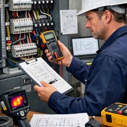 Électricien à Lyon en train de vérifier un tableau électrique avec multimètre lors d’un diagnostic et d’une mise aux normes électriques.