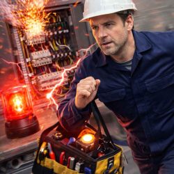 Électricien à Lyon intervenant en urgence avec sa caisse à outils pour sécuriser un tableau électrique en panne signalé par une alarme.