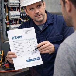 Électricien à Lyon présentant un devis transparent et détaillé à un client avant travaux électriques.