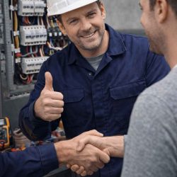 Électricien à Lyon serrant la main d’un client satisfait après un dépannage ou une installation électrique réussie.